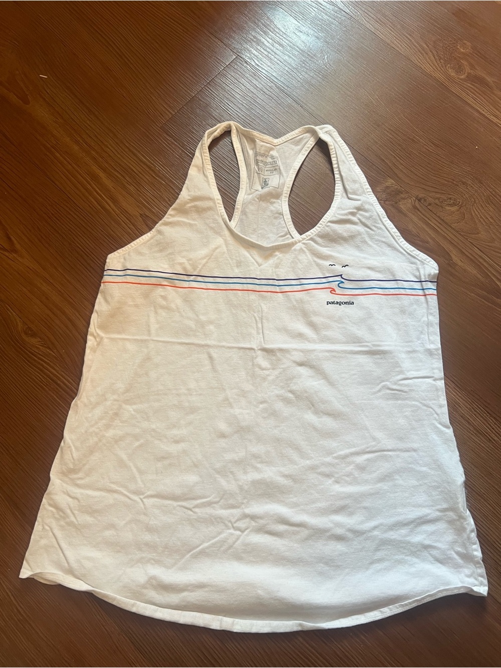 Patagonia White Racerback Tank with Navy and Red Stripes
